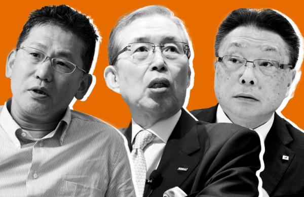 Left to right: Kinya Seto, president and CEO, Lixil Group Corp.; Shigenobu Nagamori, chairman, president and CEO of Nidec Corp.; Masaaki Tsuya, CEO, Bridgestone Corp.