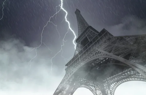 Eiffel tower during the heavy storm, rain and lighting in Paris, creative picture