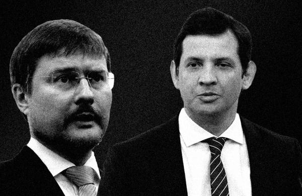Sergey Ivanov, CEO of Alrosa PJSC and Adrian Tanase, CEO of Bucharest Stock Exchange. (Andrey Rudakov/Bloomberg; Courtesy BVB)
