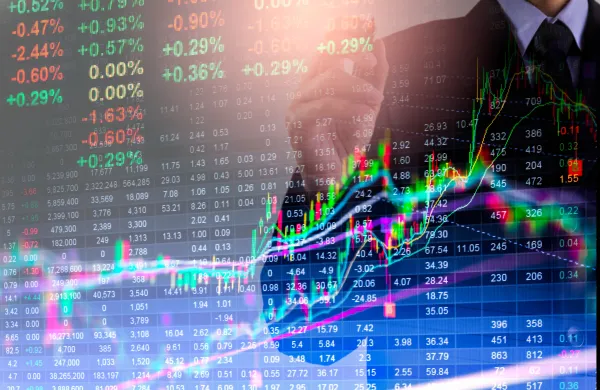 Stock market or forex trading graph and candlestick chart suitable for financial investment concept. Economy trends background for business idea and all art work design. Abstract finance background.