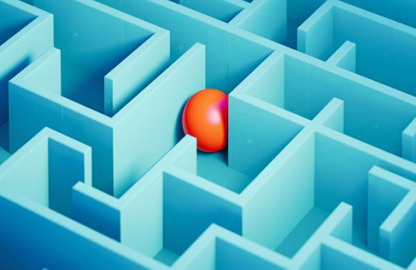 Red Colored Sphere Trapped Inside A Blue Maze - Solution Concept