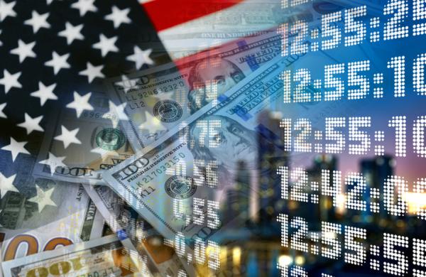 USA flag, cash dollar bills, stock market indicators and city buildings - Economy graph