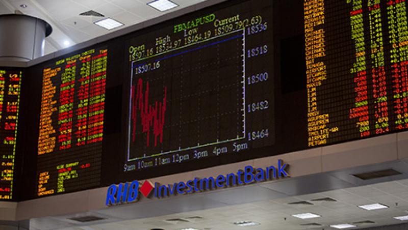 Malaysian Ringgits And Stock Boards Inside RHB Investment Bank Malaysian Ringgits And Stock Boards Inside RHB Investment Bank
