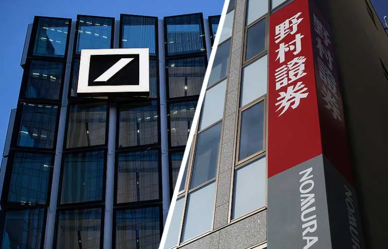 A new Deutsche Bank AG office building in Frankfurt, Germany (left) and a Nomura Holdings Inc. branch in Tokyo, Japan. (Deutsche: Krisztian Bocsi/Bloomberg) (Nomura: Yuriko Nakao/Bloomberg). A new Deutsche Bank AG office building in Frankfurt, Germany (left) and a Nomura Holdings Inc. branch in Tokyo, Japan. (Deutsche: Krisztian Bocsi/Bloomberg) (Nomura: Yuriko Nakao/Bloomberg).