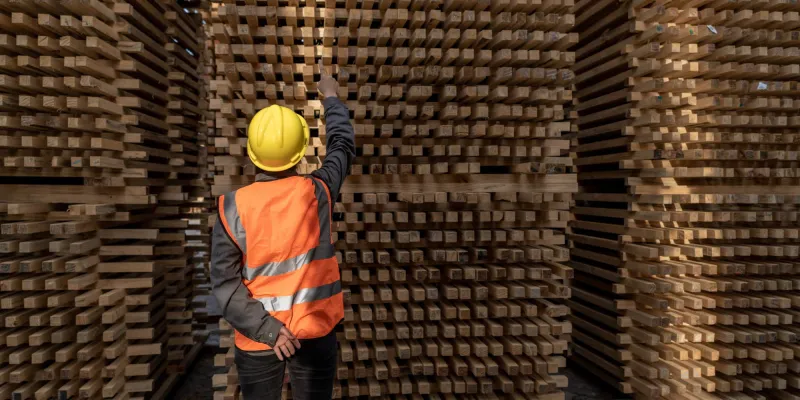 An Asian female warehouse worker counts the quantity in the timber warehouse