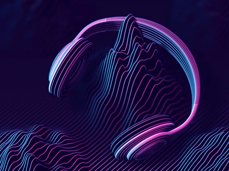 3D headphone with sound waves on dark background