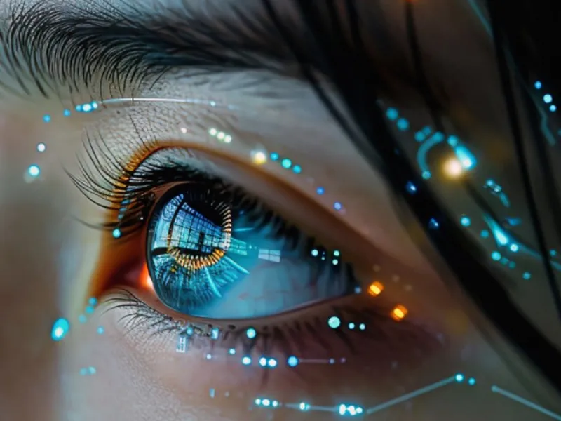 Close-up of a human eye with digital glowing effects and blue circuitry patterns.