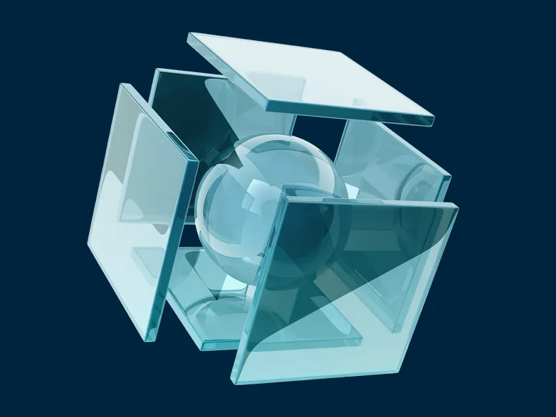 A 3D glass cube with transparent and reflective surfaces, some panels tilted outward.