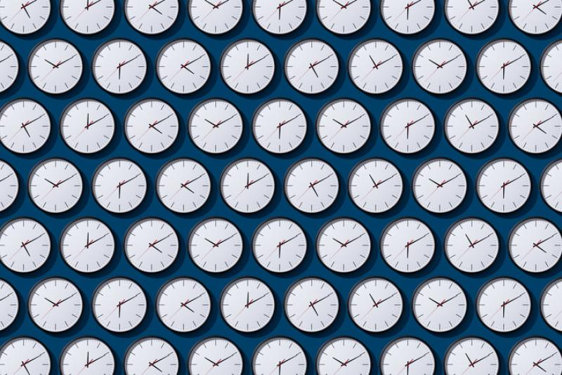 Arranged Timezone Clocks on Blue