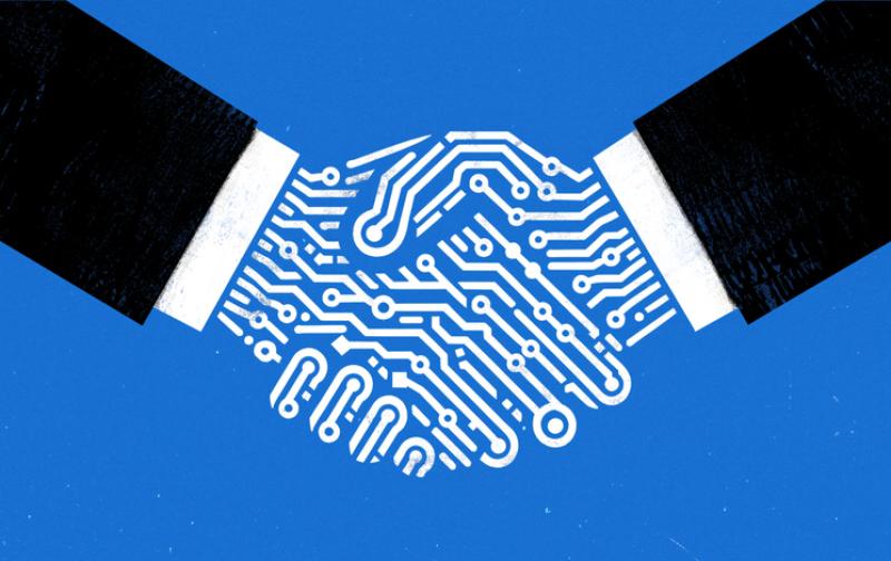 Hand shake between two businessmen with digital hands Hand shake between two businessmen with digital hands