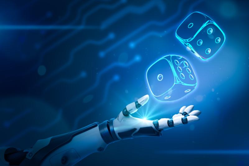 Robotic hand and neon casino dice on blue background Robotic hand and neon casino dice on blue background