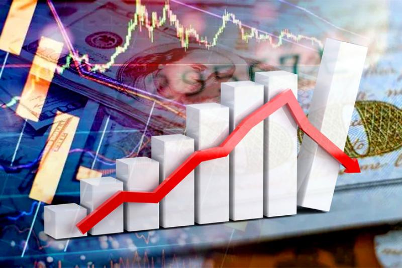 Down arrow, cash dollar bills and stock market indicators - Economy graph Down arrow, cash dollar bills and stock market indicators - Economy graph