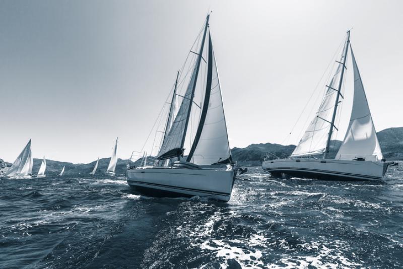 Sailing regatta through the waves in the Sea. In cool colors. Sailing regatta through the waves in the Sea. In cool colors.
