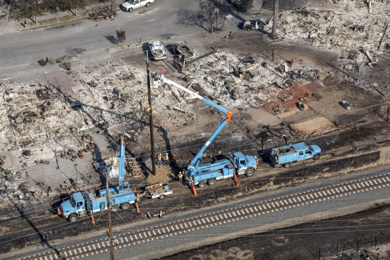 Pacific Gas & Electric Co. employees work to fix downed power lines burned by wildfires in this aerial photograph taken above Santa Rosa, California (David Paul Morris/Bloomberg)