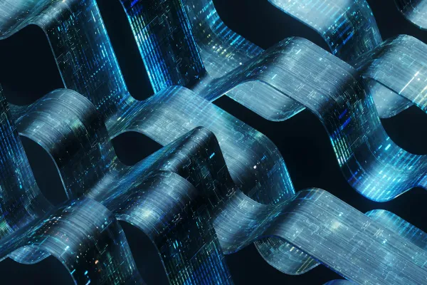 Digitally generated image of an intricate, abstract design featuring several interconnected, ribbon-like structures that appear to flow in a fluid, wave-like pattern. These ribbons are illuminated with a digital blue and green color scheme, with countless tiny, glowing elements resembling data streams or circuit boards. Artificial intelligence, machine learning or digital transformation concept.
